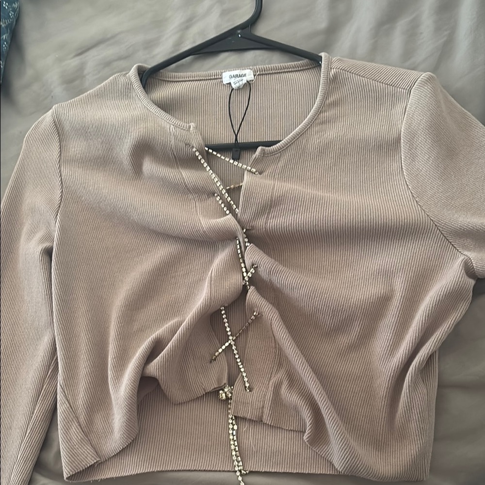 Beige Ribbed Top with Pearl Detailing
